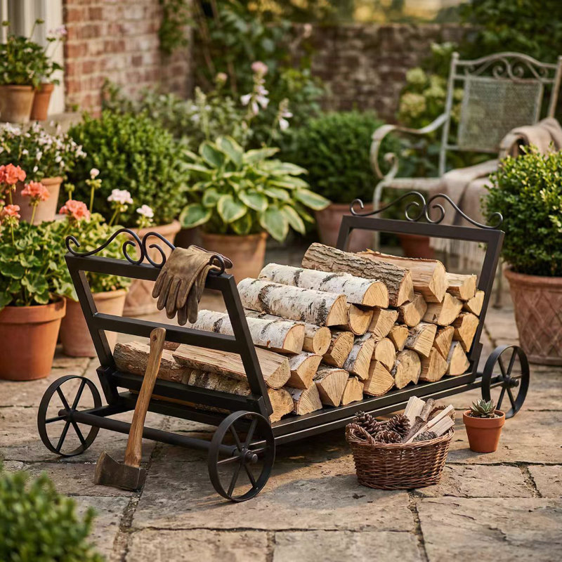Mobile Metal Firewood Log Rack with Wheels Indoor/Outdoor