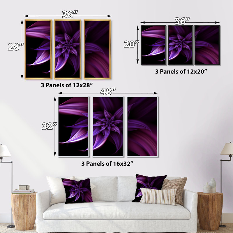 Fractale fleur mauve - 3 pièces, cadre flottant, impression sur toile, Or, H 20 po x l 36 po