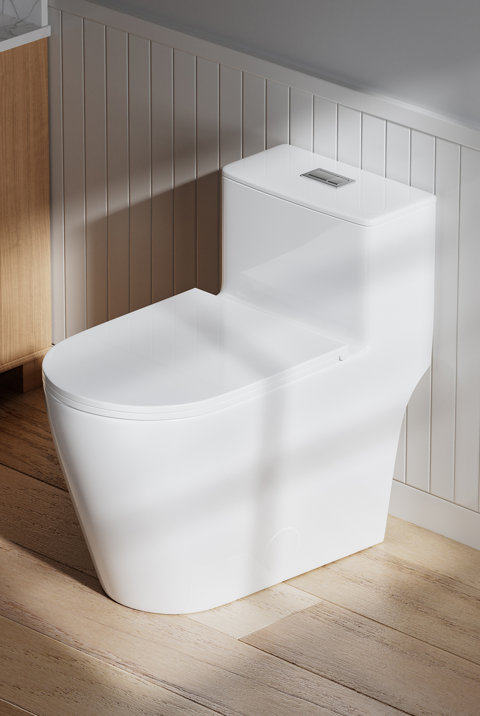 White one-piece dual-flush toilet with a sleek skirted design and rectangular chrome flush button, installed in a modern bathroom with white vertical paneling and light wood flooring.