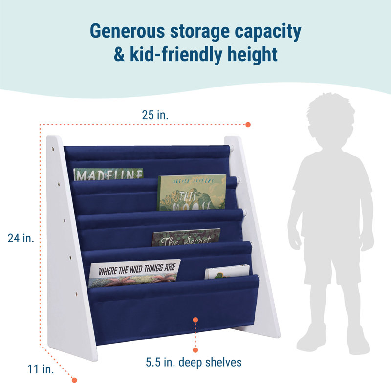 Compact White Melamine Kids Sling Bookshelf with Fabric Pockets