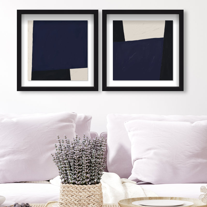 In Blue Set Shadowbox Abstract Print by Oliver Gal, Black Frame, 12 x 12, 17.5"H x 17.5"W, Black Shadowbox