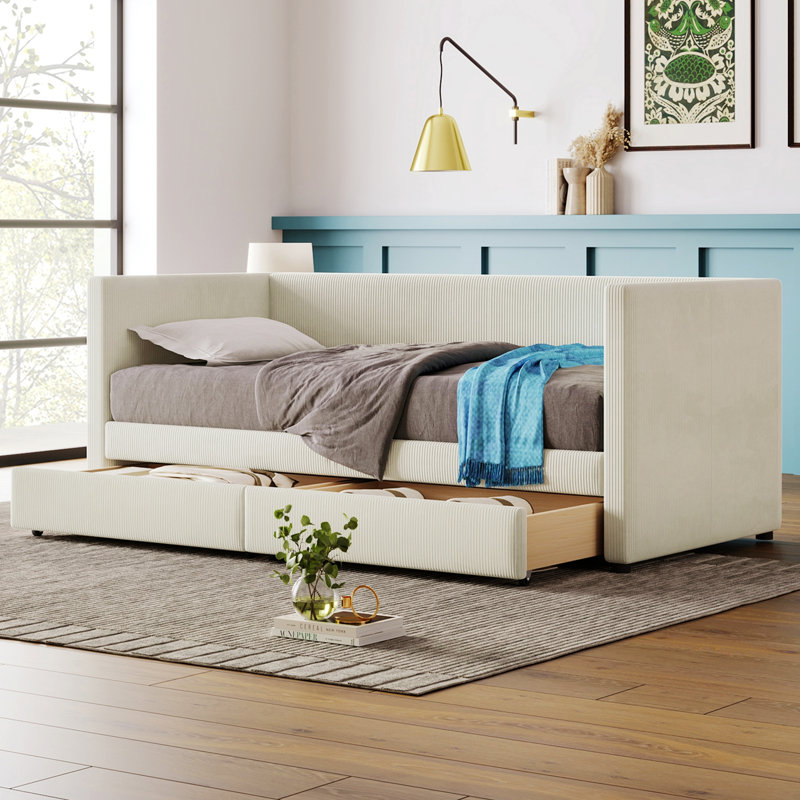 Modern Twin Size Corduroy Daybed with Two Drawers and Wood Slat, Beige