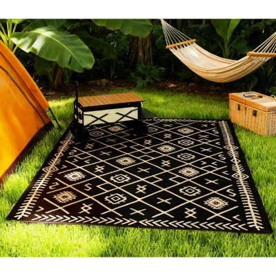 Tapis de patio réversible facile à entretenir pour le jardin et la plage, 143,7 po x 107,9 po, beige noir, matériau en polypropylène, bordure extérieure robuste avec sac de transport, réversible à double face, revêtement protecteur,