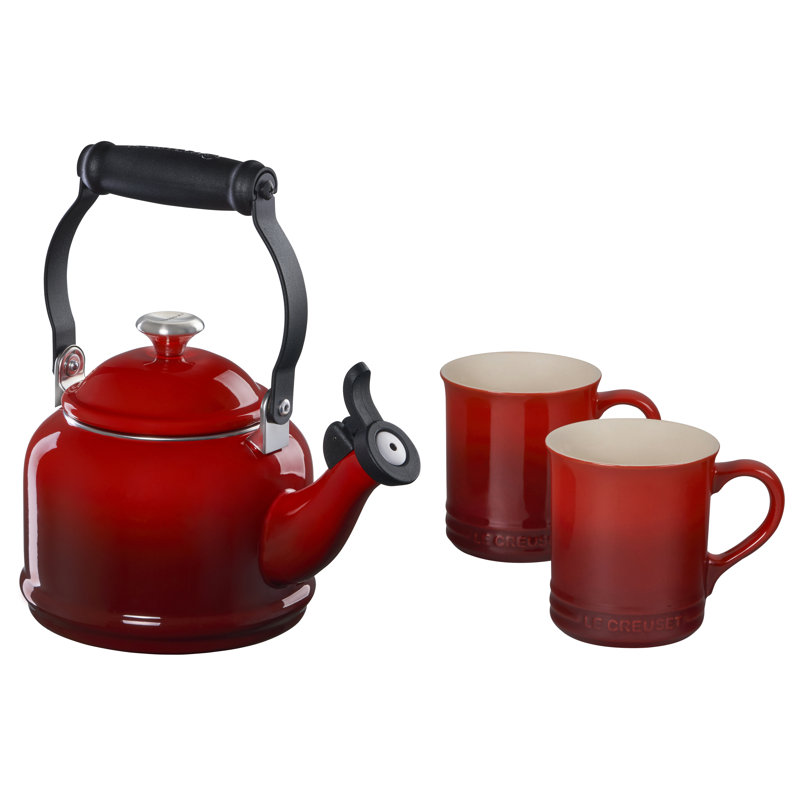 Le Creuset Demi Kettle W/ SS Knob & 2 Mug Set, Cerise