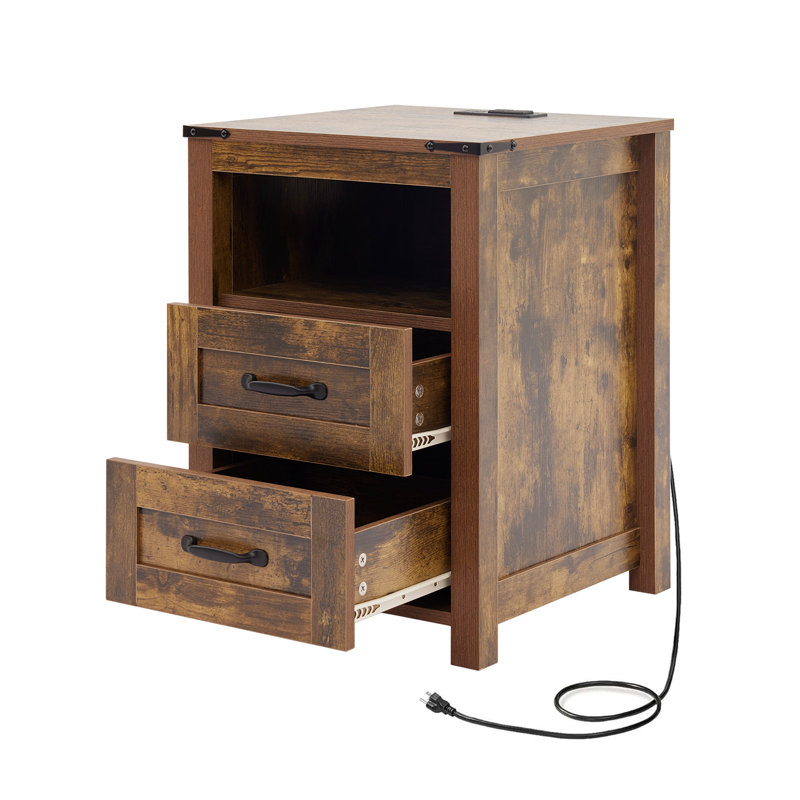 Nightstand with Charging Station,Side Table with 2 Drawers Storage Cabinet for Bedroom, Living Room, Brown, 1