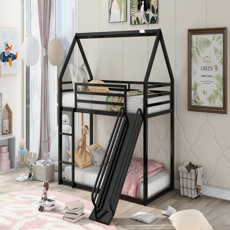 Lit superposé simple au-dessus de simple avec échelle et glissière sans sommier, Noir, noir, noir, noir