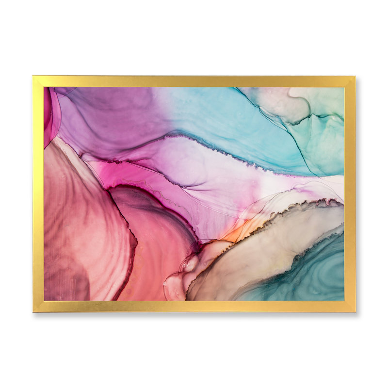 Marbre luxueux turquoise liquide - art mural moderne sur toile, H 16 po x l 32 po x P 1 po, Toile encadrée dorée