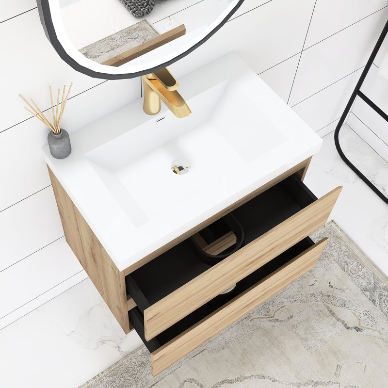 Aikin 24'' Single Sink Wall Mounted Bathroom Vanity with Cultured Marble Top, Oak