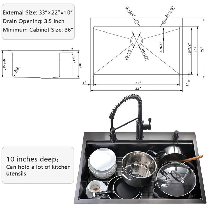 33'' L Single Bowl Stainless Steel Kitchen Sink, Matte Black
