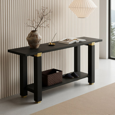 63" Modern Console Table With Solid Wood Legs, Entryway Table With Shelf And Metal Accents