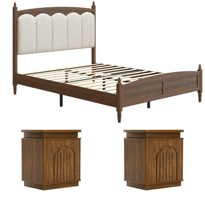 3-Piece Rustic Farmhouse Bedroom Set, Queen Bed with Polyester Headboard  and  2 Nightstands with  LED 