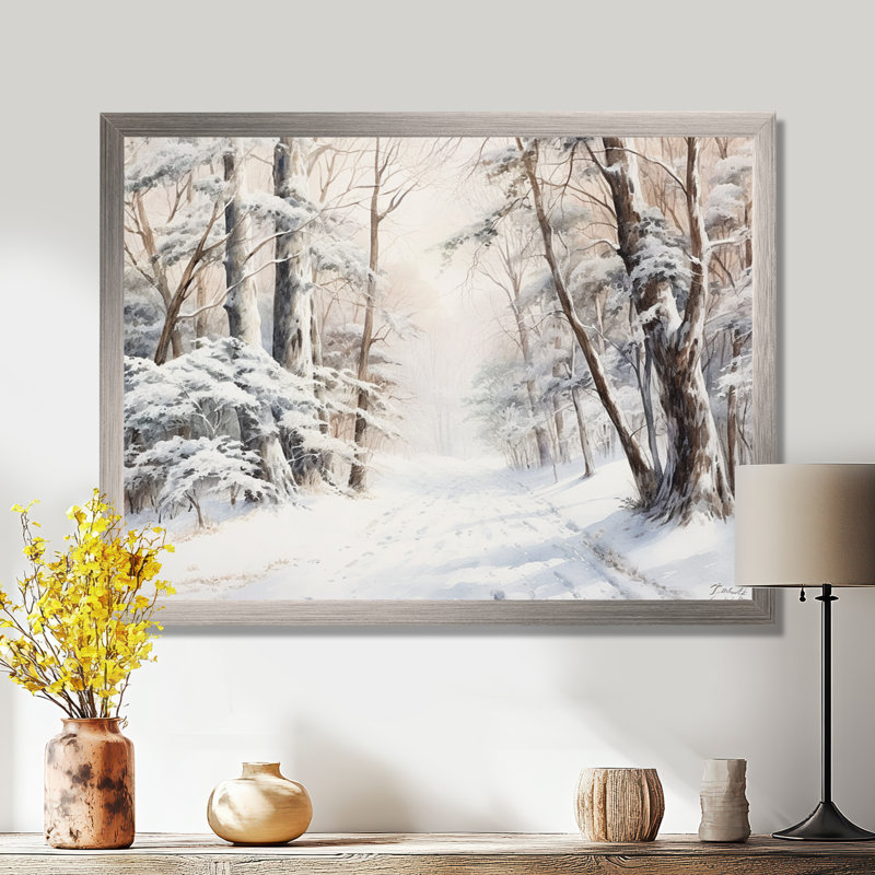 Hiver, forêt, charme de neige, paysage - neige, art mural, H 24 po x l 32 po x P 1 po, Cadre simple argenté