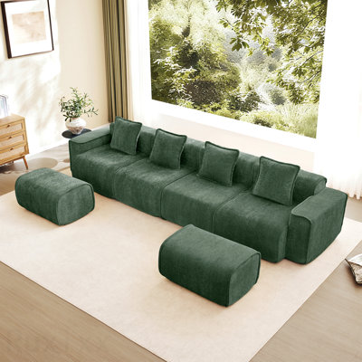Modular 4 Seat U Shape Sectional Boneless Sofa With French Edge Piping, No Assembly Required,4-Seat Sofa Couch With Throw Pillows And 2 Movable Ottomans