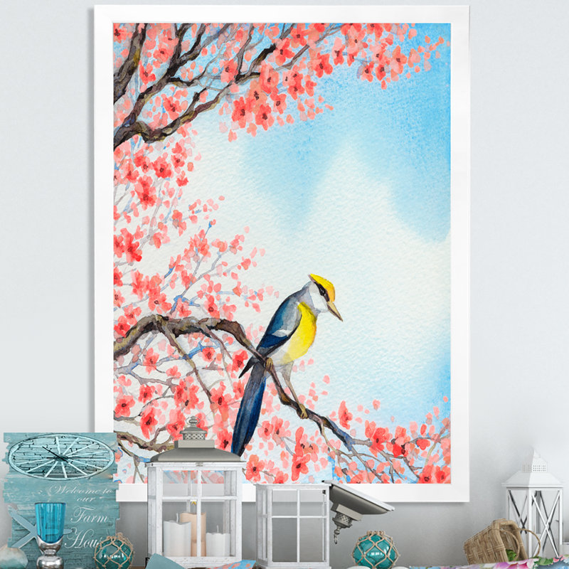 «Beautiful Red Bird on Flowering Branch I», peinture sur toile encadrée, H 40 po x l 30 po x 1,5 po, Cadre blanc