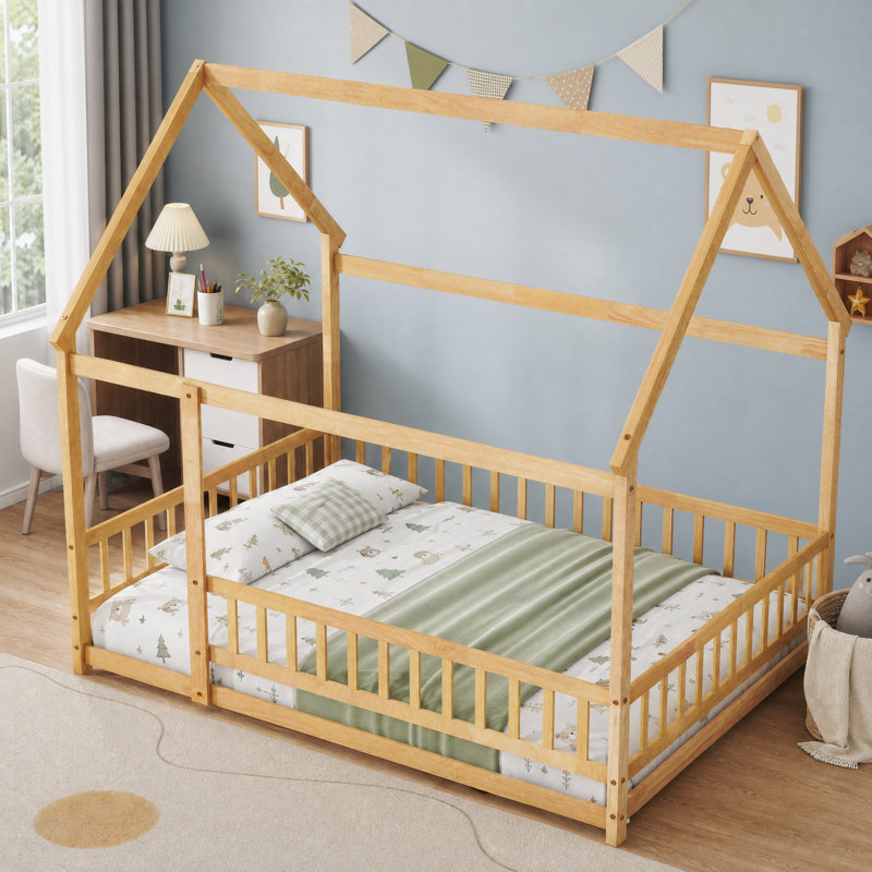 Structure de lit en bois avec structure de toit, garde-corps de sécurité, lit plateforme pour les adolescents, Naturel