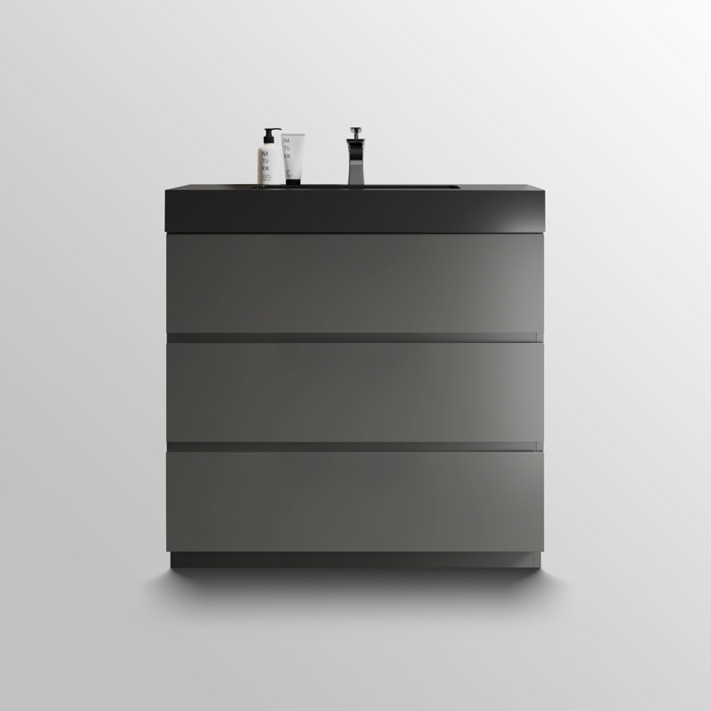 Meuble-lavabo sur pied simple Deandrick, Gris espace, Blanc lustré, 36"