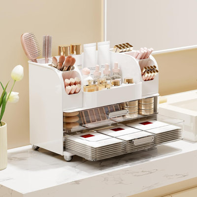 Organisateur de maquillage pour meuble-lavabo avec 2 grands tiroirs, vitrine de maquillage avec porte-brosses, facile à ranger pour les soins de la salle de bain, parfum, blanc