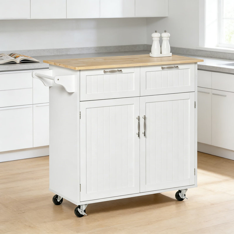 41-Inch Rolling Kitchen Island Cart With Butcher Block Top, Adjustable Shelves, And Storage Drawers - Mobile Utility Cart With Locking Casters