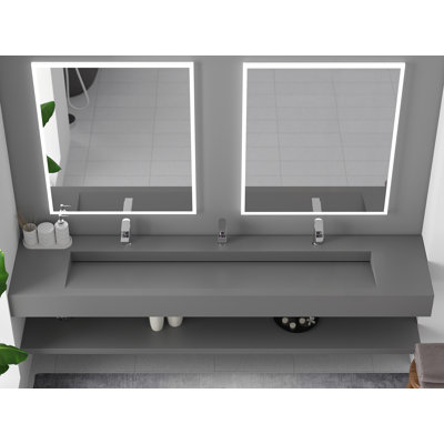 Pyramid 84" Wall Mounted Rectangular Solid Surface Trough Bathroom Sink in Matte Finish - Gray