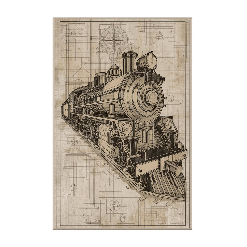 Soft Plush Menahan Steam Locomotive Blueprint Industrial Vintage Look Area Rug in Beige – Beige Binding, 2x3