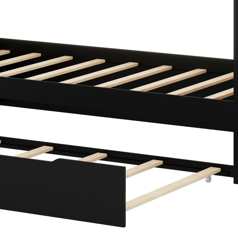 Stylish Wood Daybed with Trundle, Desk, LED Lights and USB Charging System, Black+Red