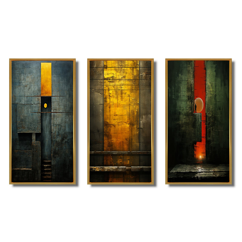«Stairway To Grace Minimal Orange On Indigo II», 3 pièces sur toile, Cadre flottant doré, H 32 po x l 48 po