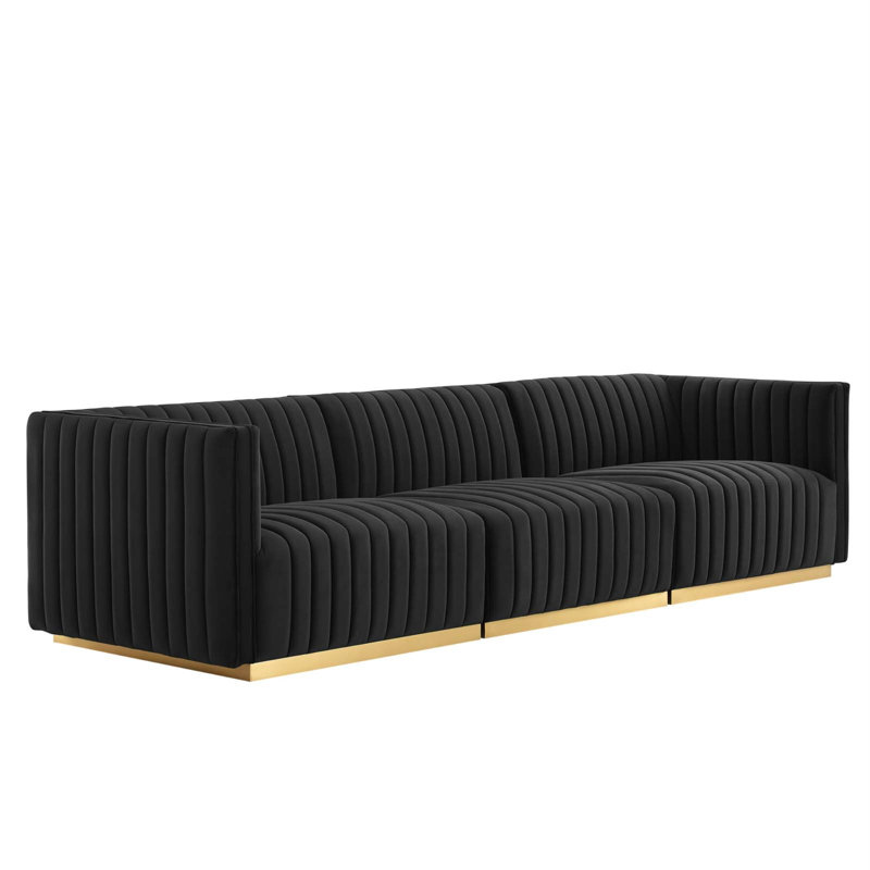 Conjure Channel Tufted Sofa by Modway, Black Velvet, Gold, 28" H x 119" W x 41.5" D