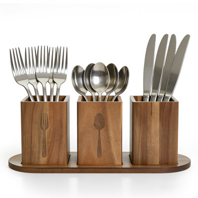 Acacia Wood Utensil Organizer Set with Tray, Rustic Kitchen Cutlery Storage Box, 13 x 4.7 x 4.5 in Countertop Holder