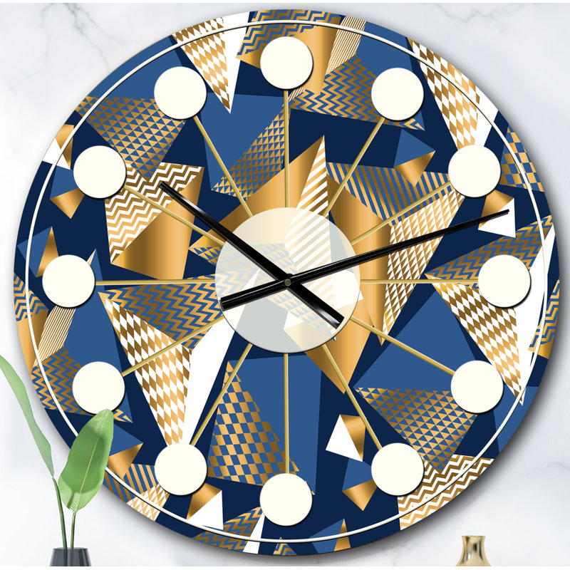 Or et cubes bleus - horloge murale moderne Mid-Century, Surdimensionné