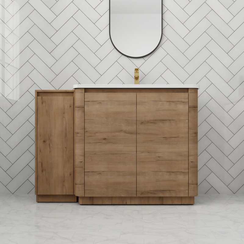 Meuble-lavabo autoportant avec porte et tablettes à fermeture en douceur de 48 po avec lavabo en céramique, Imitative Oak