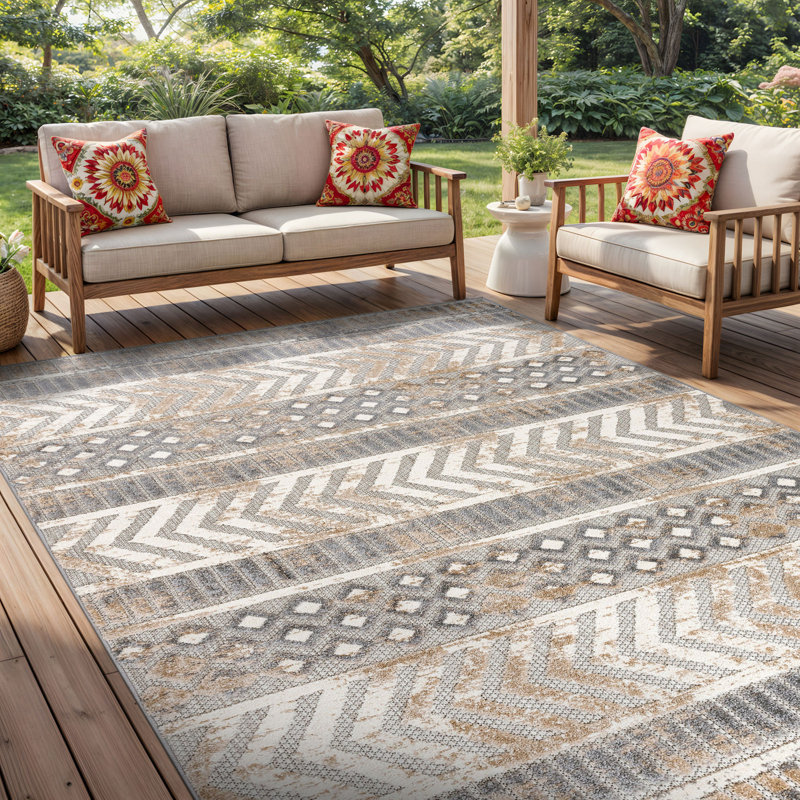 Tapis intérieur / extérieur gris / ivoire / beige Alphee, Rectangle 6 pi 6 po x 9 pi