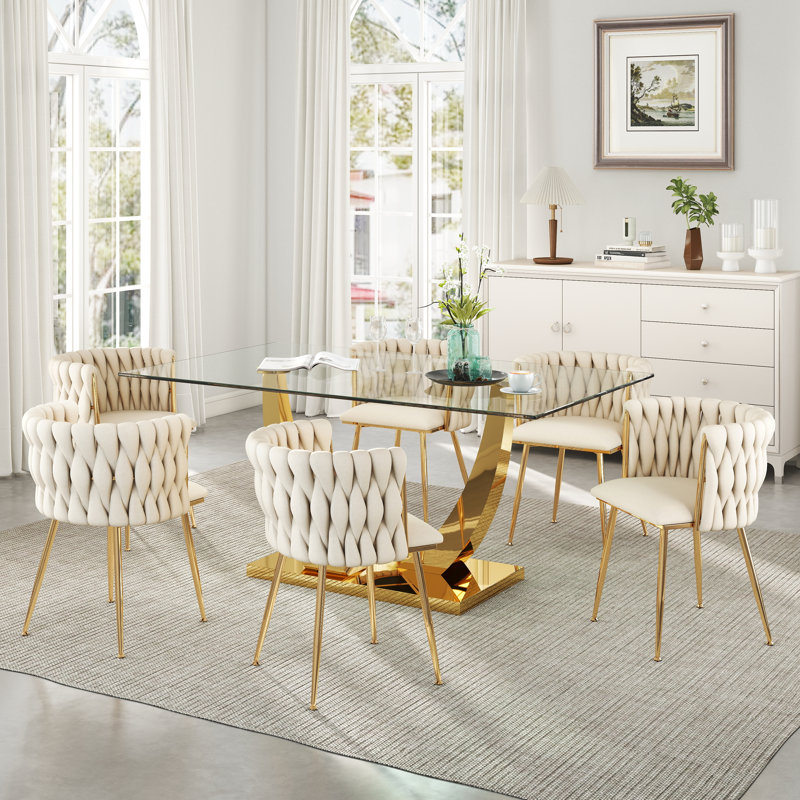 Ensemble de salle à manger rectangulaire à piédestal avec chaise tissée, H 29,5 po x L 63 po x l 35,4 po - or, Beige, Doré