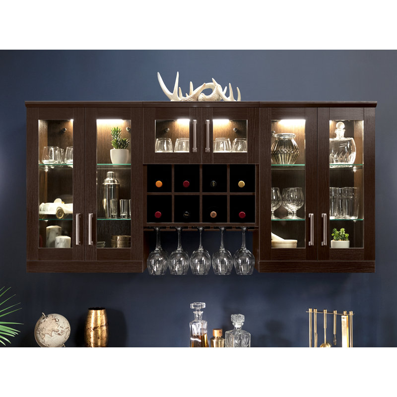 Dark Brown Shaker Style Home Bar Cabinet Set with Brushed Nickel Hardware