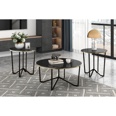 Table d'appoint 3 pièces avec plateau en verre trempé noir et cadre en métal pour la décoration moderne de tables basses avec cadres