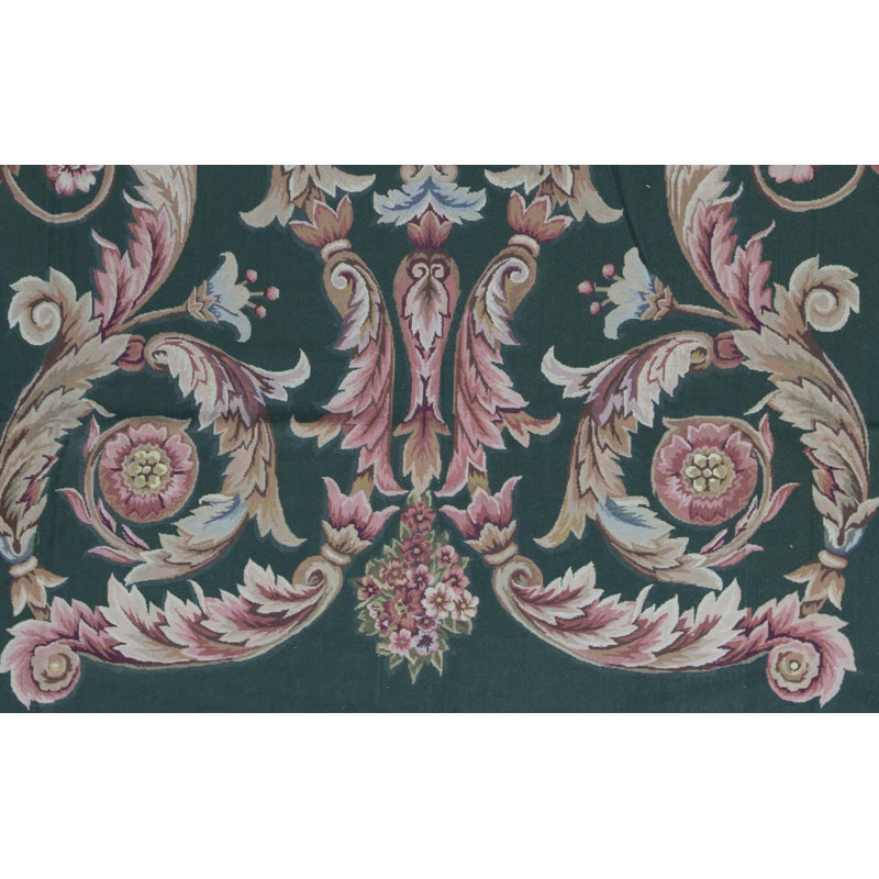 Tapis vert, rose et gris noué à la main de haute qualité