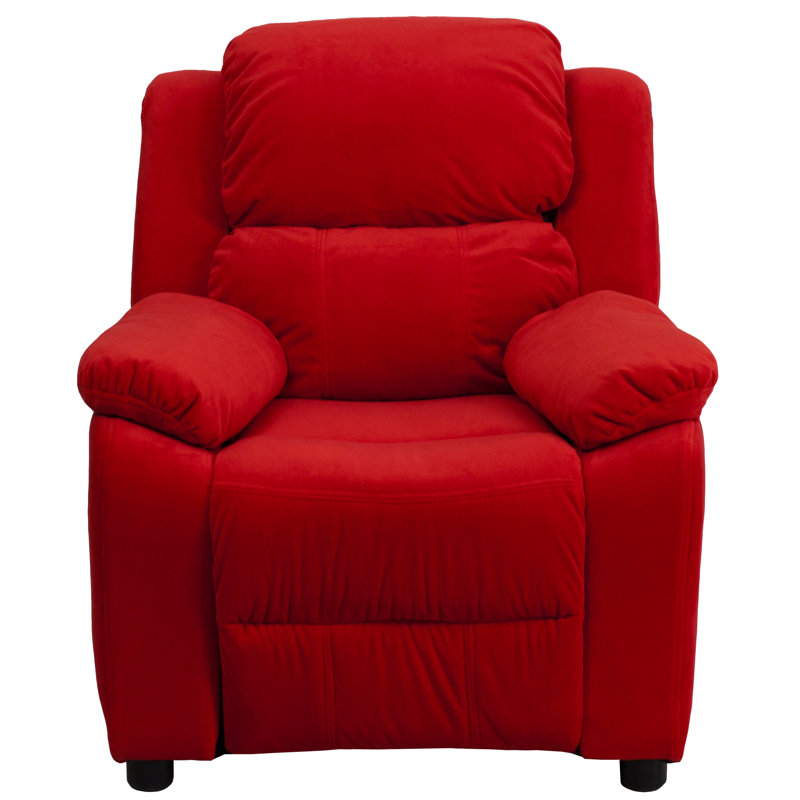 Deluxe Padded Contemporary Kids Recliner with Storage Arms, Microfiber - Red