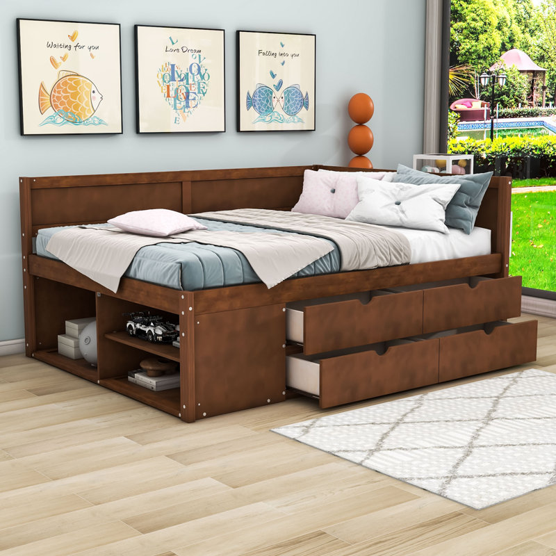 Wood Daybed with Drawers and Shelves, Walnut, Full