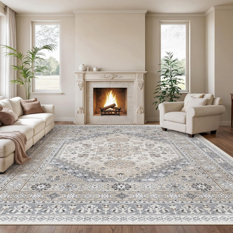 Tapis lavable antidérapant Medallion (beige), Rectangle 10 pi x 14 pi