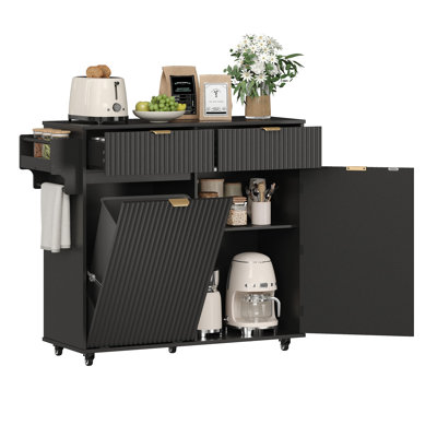 Rolling Kitchen Island With Trash Can Storage Cabinet, 40''Fluted Mobile Island Cart With Drawers Storage