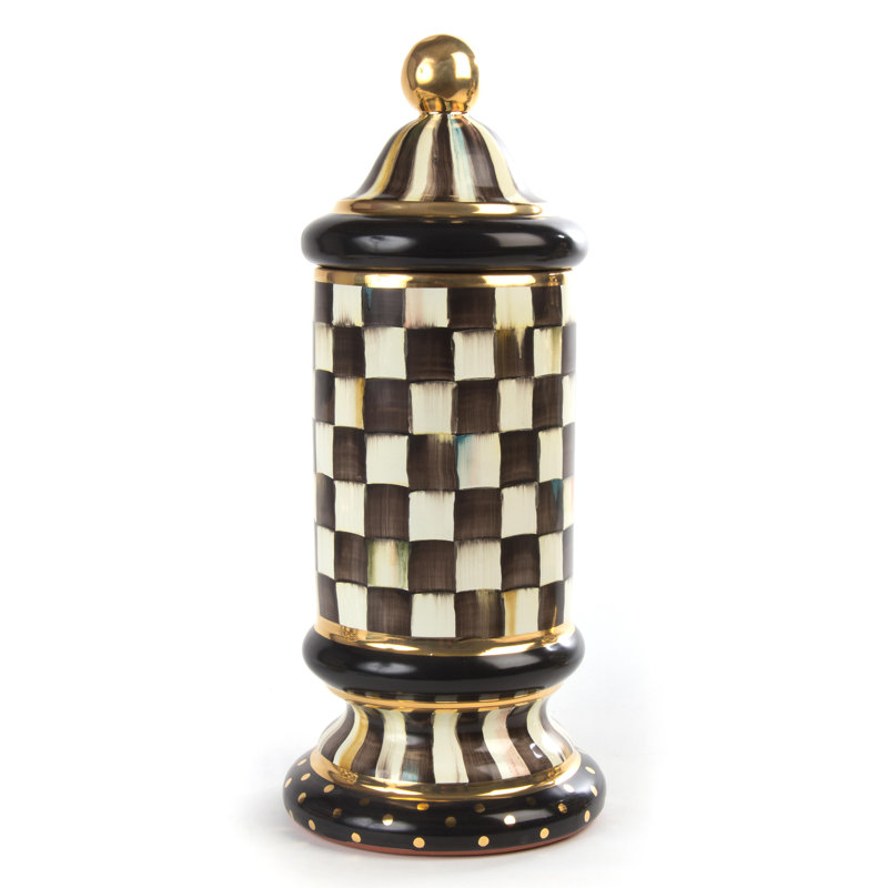 Handmade Black and White Ceramic Column Canister with Gold Accents