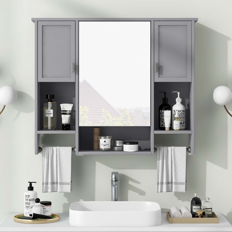 Armoire de rangement murale pour salle de bain 35 po x 28 po, armoire à pharmacie avec barre à serviettes, gris, Gris