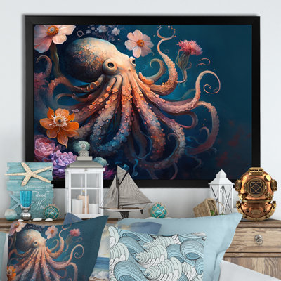 Octopus in the Ocean with Flowers I - Print on Canvas