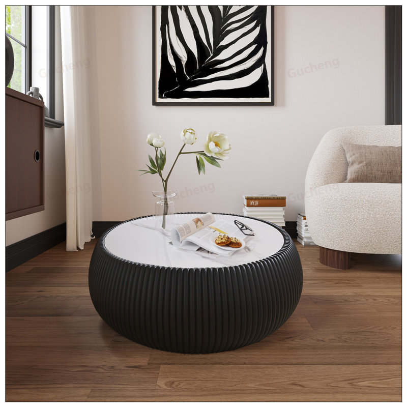 Table basse luxueuse en cuir luxueux en forme de tambour pour meubles de salon modernes, Noir