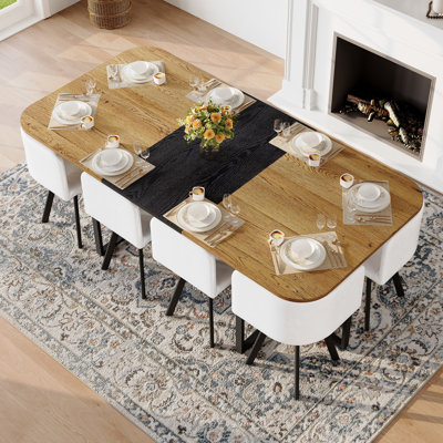 Ensemble de table de salle à manger ovale à deux tons en triamine de 9 avec 8 chaises en similicuir, structure fixe non extensible et en métal noir, mobilier de salle à manger moderne en grain de bois blanc Pu