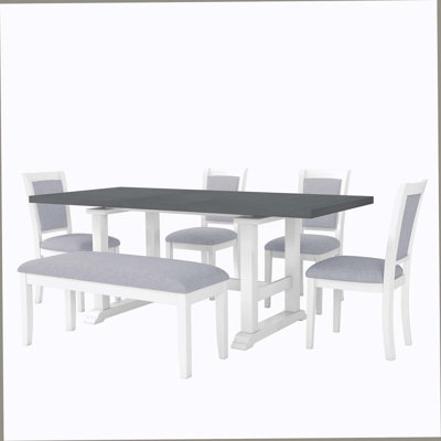 Ensemble de 6 tables de salle à manger à tréteaux extensibles de 76,9 pouces avec rallonge amovible, ensemble de table de cuisine avec chaise d'appoint rembourrée et banc, gris