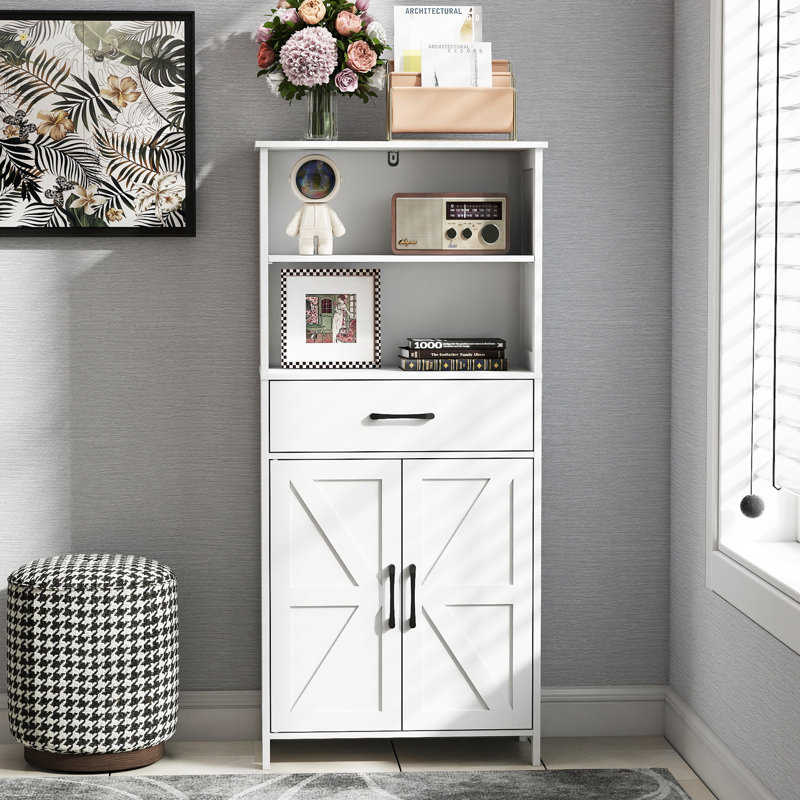 Armoire de cuisine blanche Farmhouse, grande armoire de rangement autoportante avec 2 portes fermées, 1 tiroir et tablettes ouvertes, armoire de rangement polyvalente pour garde-manger, vestibule, salon, salle à manger