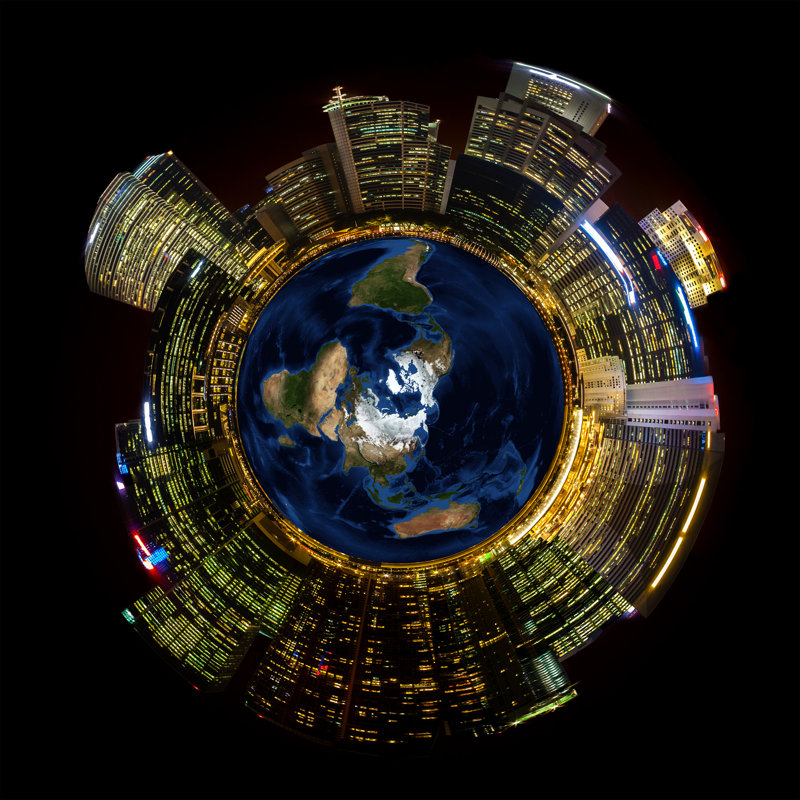 Bright City Lights On Miniature Planet Earth by Ronniechua - Wrapped Canvas Print, 30cm H x 30cm W