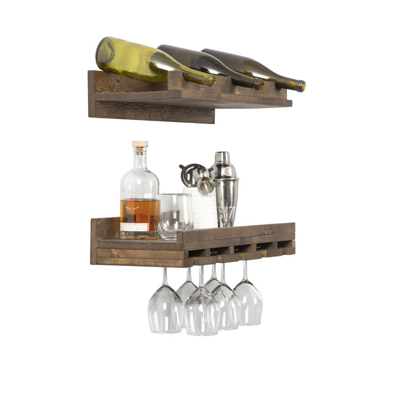 Support à vin à et à verres à fixation murale en bois massif Blende, Noyer foncé, H 4,25 po x l 24 po x P 10 po