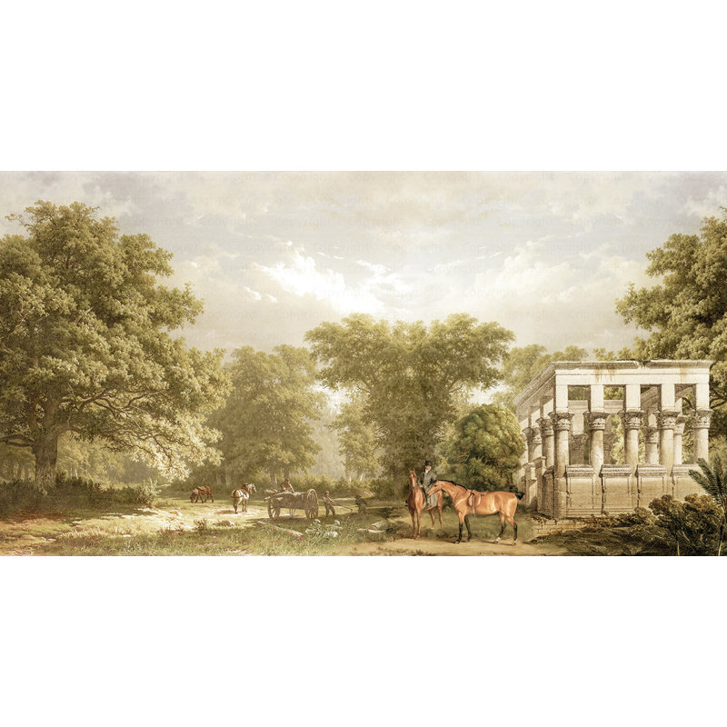 Murale de campagne pittoresque avec ruines classiques, Vert foncé, L 66 po x l 122 po