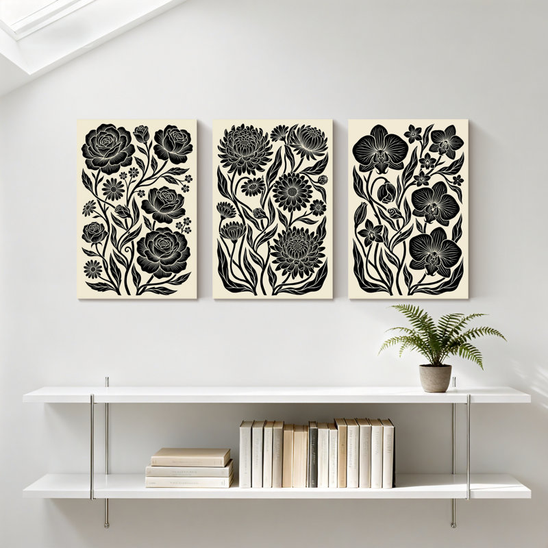 Plantes et fleurs, ensemble de 3 impressions sur toile à motif floral noir et blanc, H 18 po x l 36 po